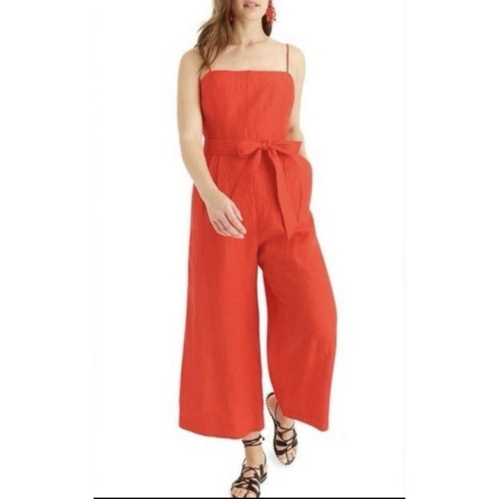 J.CREW Red Linen Wide Leg Tie Jumpsuit with Pockets SZ-00 128$ Beachy